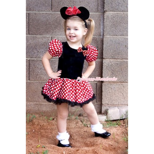 Minnie Polka Dots Bubble Sleeves Black Princess Dress With Minnie Dots Satin Bow Party Costume With Minnie Headband C169 